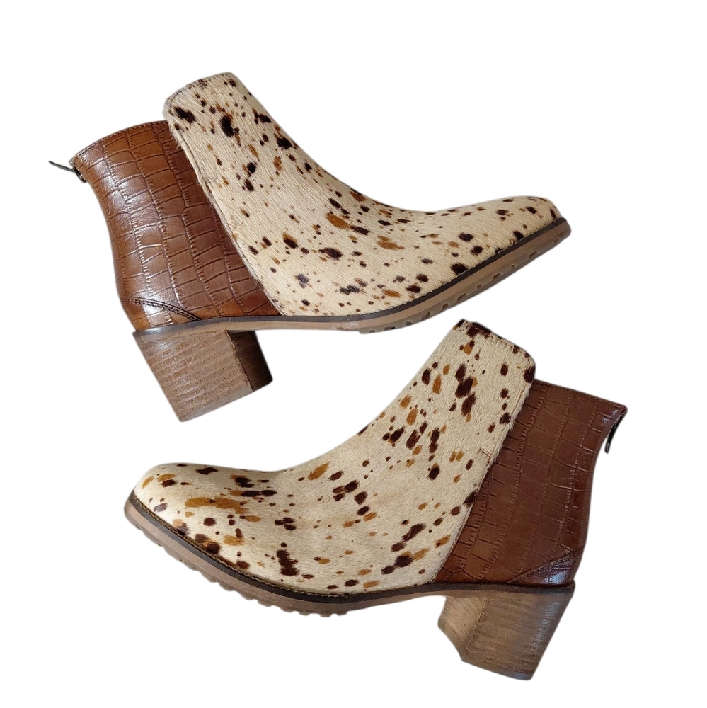 Diba True Calf Hair Kam Den Cow Print Ankle Boots Brown Booties Size 8